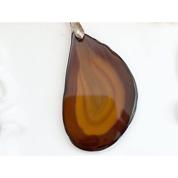 Brown Polished Agate Crystal Freeform Shaped Large Silver Toned Vintage Pendant - Picture 2 of 10